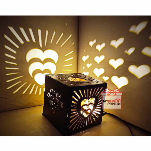 Customized Full of Hearts Wooden Shadow Box with Electric Night Lamp