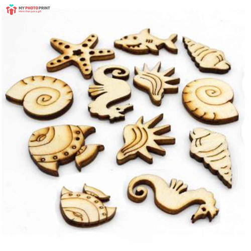 Aqua Animals Design MDF Wooden Craft Cutout Any Shapes & Patterns | (Pack Of 12pcs)