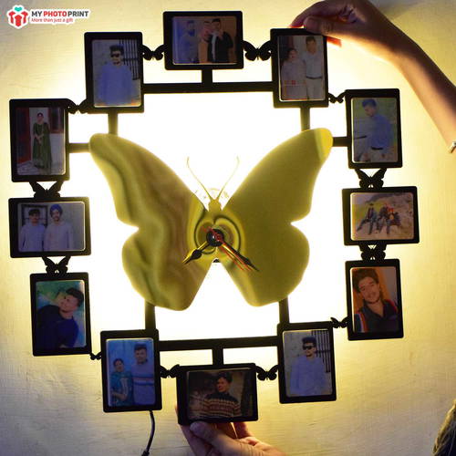 Personalized Wall Clock Butterfly Wooden Photo Clock with 12 Photos