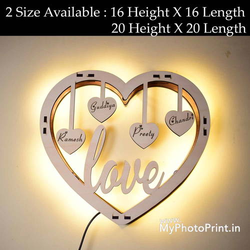 Customized Heart Family Wooden Wall Hanging With Led Light #2094