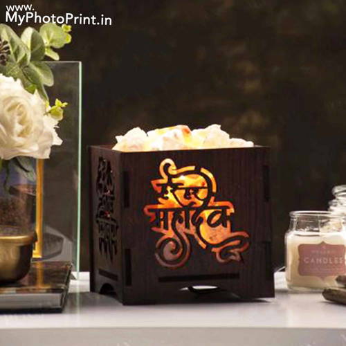 Om Namah Shivay Rectangle Plywood Himalayan Rock Salt Lamp Basket 