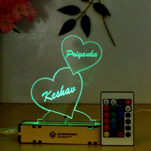 Personalized 2 Heart Acrylic 3D illusion LED Lamp with Color Changing Led and Remote#1487