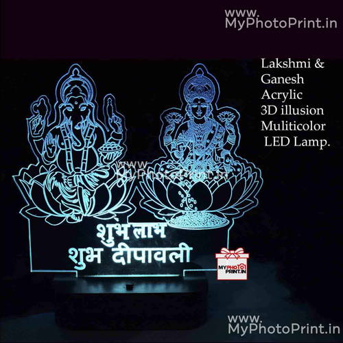 Lakshmi ji & Ganesh ji Acrylic 3D illusion LED Lamp with Color Changing Led and Remote#1322